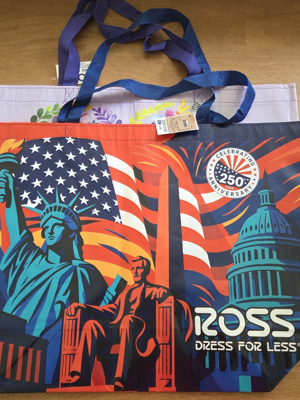 Ross Reusable Tote Bag 2 Floral Heart & USA 250th Annivers